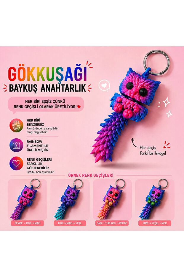 Gökkuşağı Baykuş Anahtarlık – Rainbow 3D Baskı Hareketli Figür