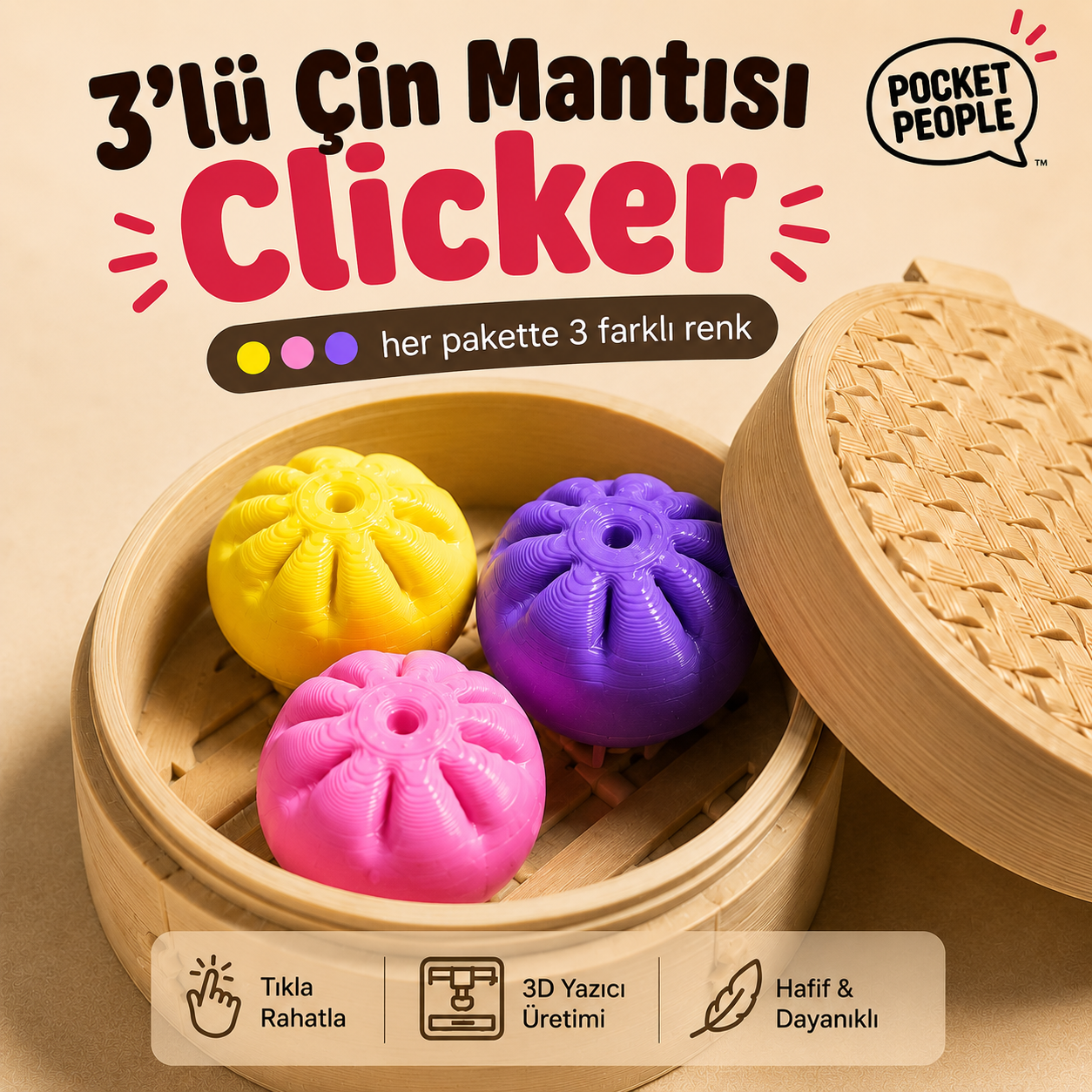 3'lü Dumpling Clicker Çin Mantısı – 3 Farklı Renk