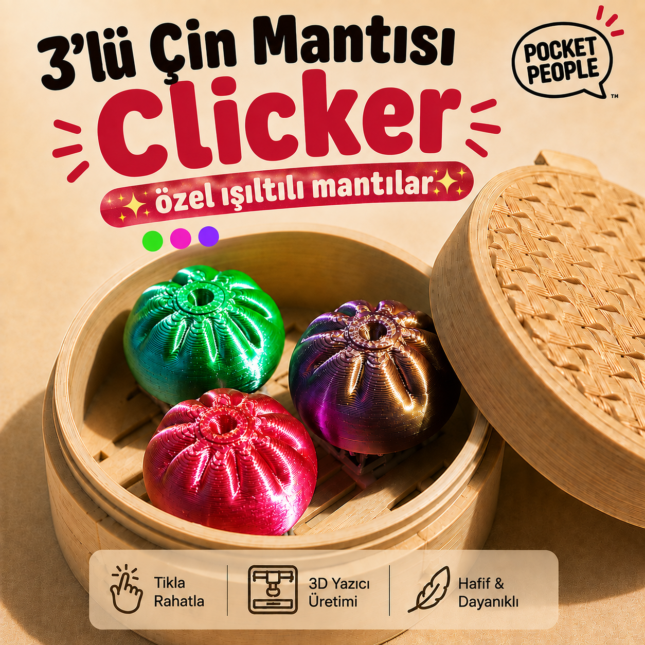 3'lü Işıltılı Dumpling Clicker Çin Mantısı – Özel Seri