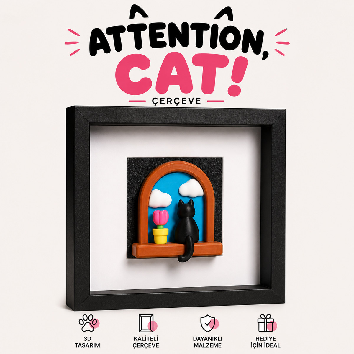 3D Kedi Çerçeve Attention Cat – 25x25 cm Duvar Tablosu