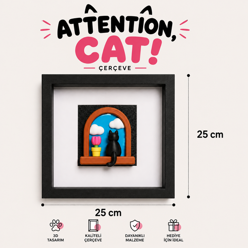 3D Kedi Çerçeve Attention Cat – 25x25 cm Duvar Tablosu
