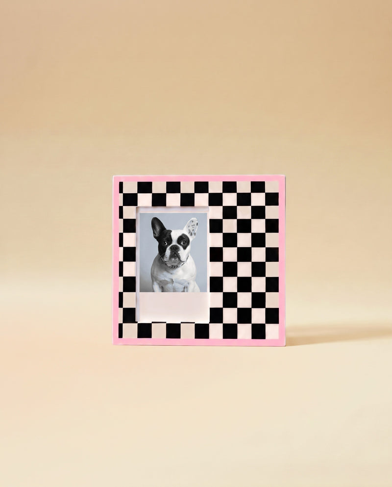 Fotoğraflı Magnet Çerçeve 12x12 cm – Pembe Dama Desenli Buzdolabı Magneti