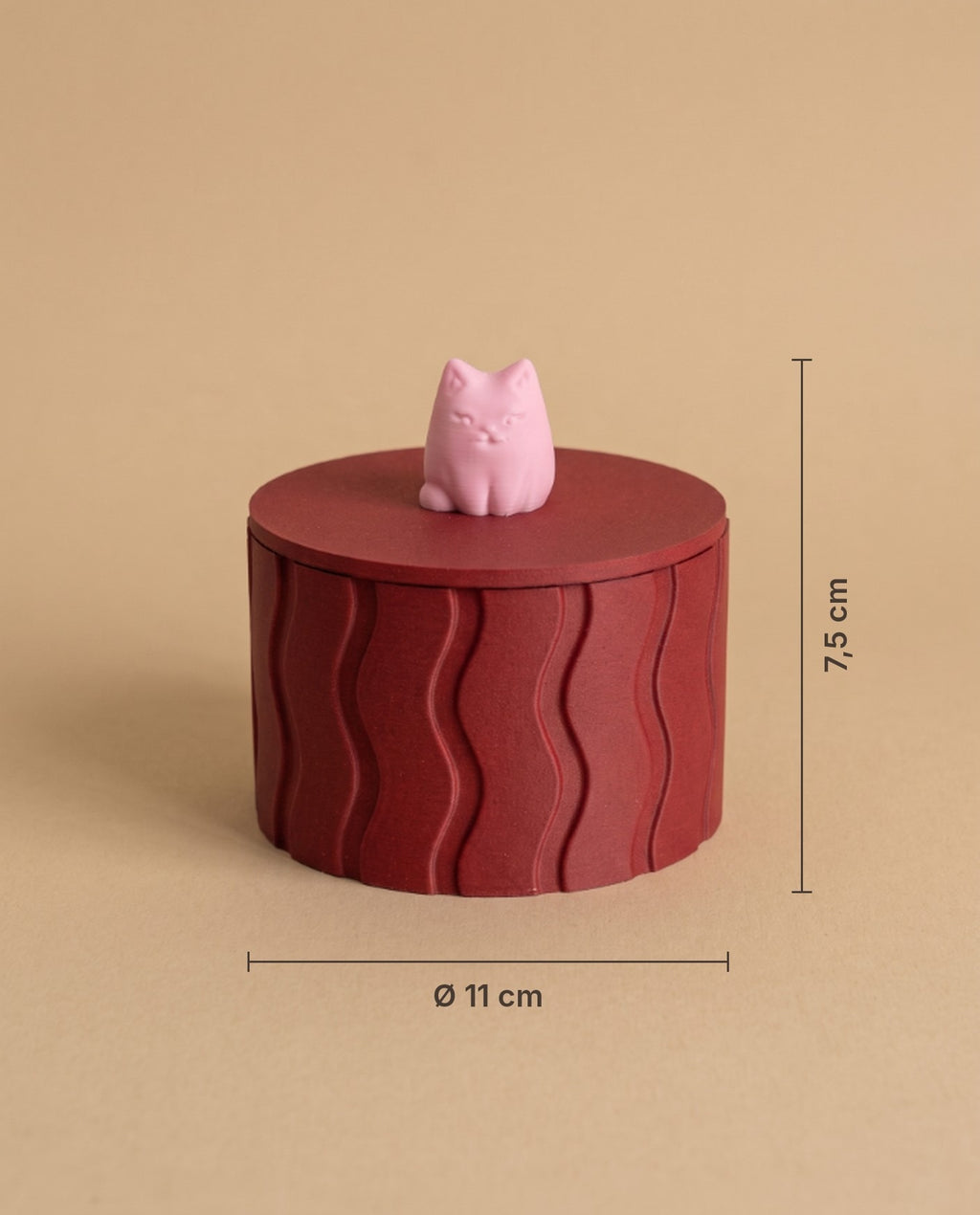 Kedili takı kutusu ölçüleri Ø 11 cm x 7,5 cm – bordo kırmızı
