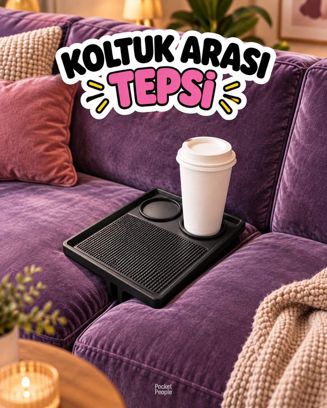 Koltuk Arası Tepsi – Bardaklıklı Kanepe Kol Tepsisi, Kaymaz Tutuculu 3D Baskı Oturma Odası Aksesuarı