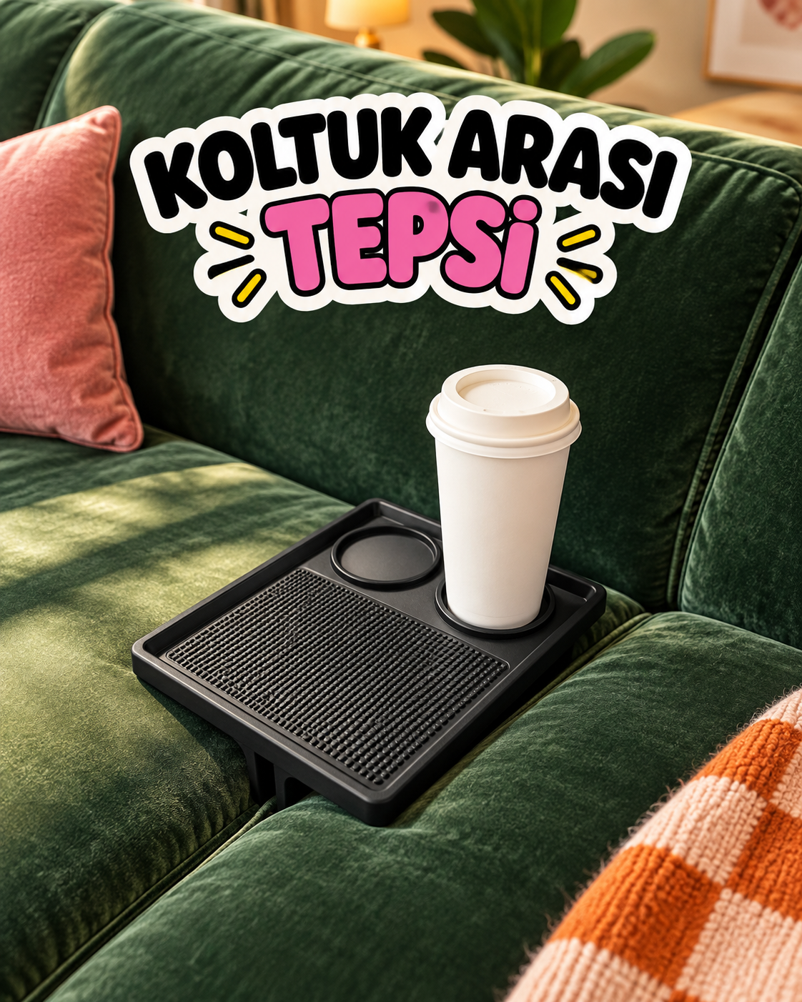 Koltuk Arası Tepsi – Bardaklıklı Kanepe Kol Tepsisi, Kaymaz Tutuculu 3D Baskı Oturma Odası Aksesuarı