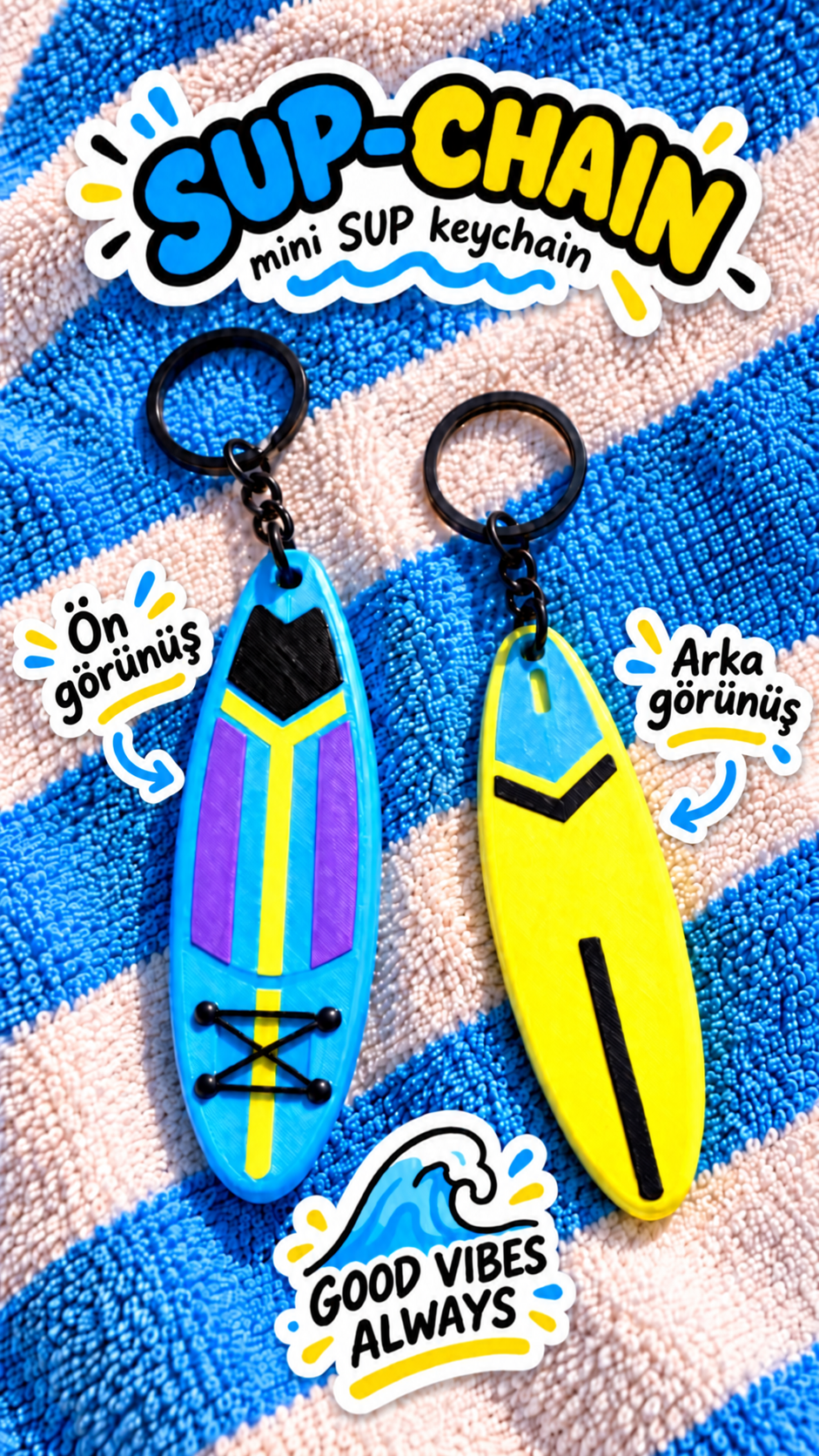SUP-CHAIN Mini SUP Tahtası Anahtarlık – Paddleboard Figürlü 3D Baskı Çanta Süsü, Sörf &amp; Plaj Temalı Hediyelik