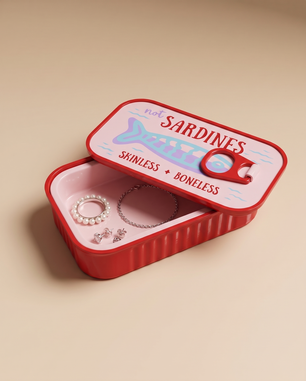 Sardines takı saklama kutusu, açık, takılarla