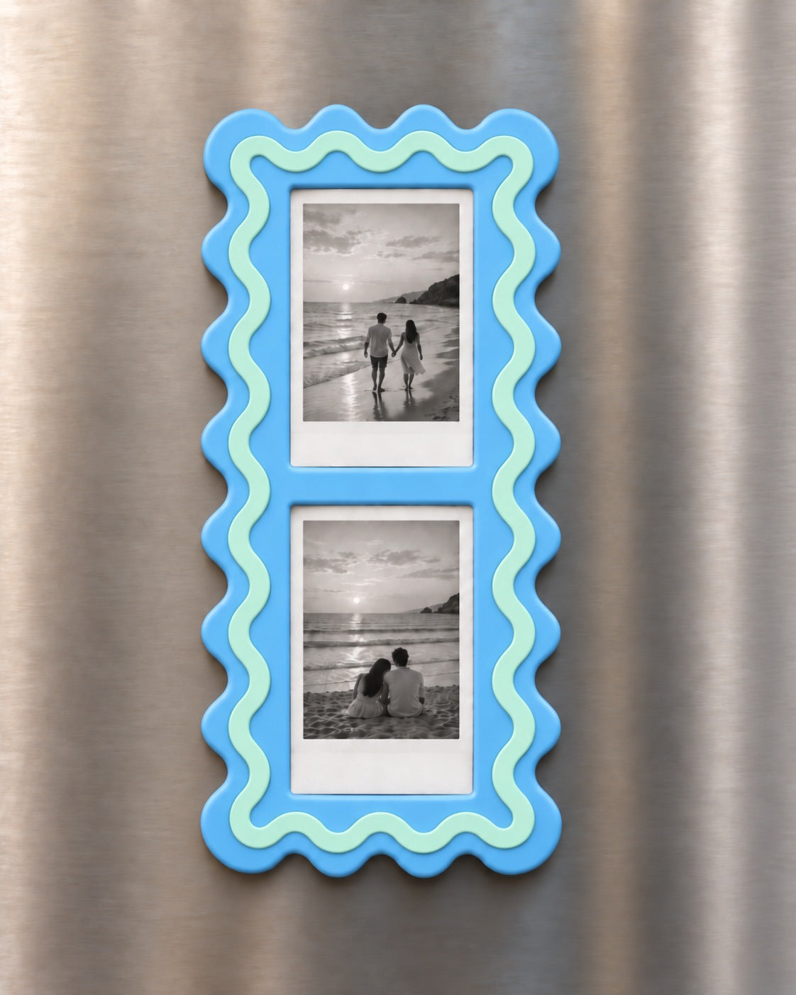 Wavy Pop mavi magnet çerçeve buzdolabında iki Instax Mini fotoğrafla
