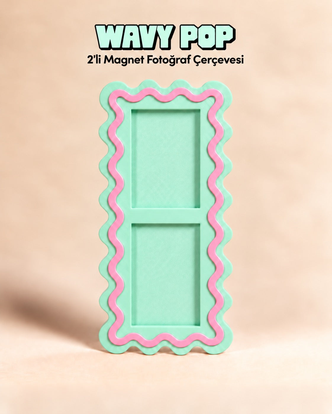Wavy Pop 2'li magnet fotoğraf çerçevesi su yeşili pembe dalgalı tasarım