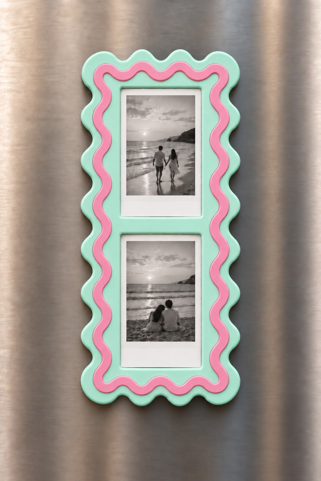 Wavy Pop su yeşili magnet çerçeve buzdolabında iki Instax Mini fotoğrafla